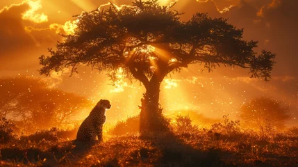 Foto op Canvas Cheetah under tree in field at sunset, creating a picturesque natural landscape © yuchen