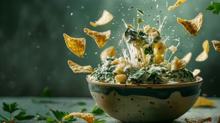 Dynamic movement of spinach dip with nachos creates a visually striking frozen moment full of flavor - obrazy, fototapety, plakaty
