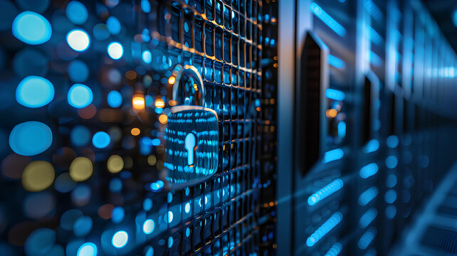 Data Security Concept in Server Room
. Close-up of a secure padlock icon on the digital screen of a server room, symbolizing data security and cyber protection.
