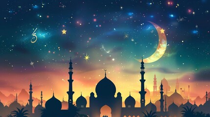 Silhouette of a mosque at night with stars and a bright moon
