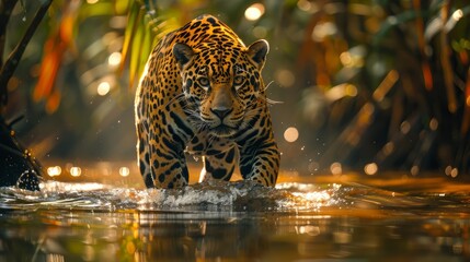 A Felidae carnivore, the Jaguar walks through liquid in the jungle - obrazy, fototapety, plakaty
