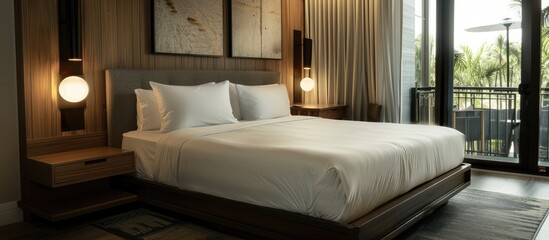 Fototapeta na wymiar Contemporary hotel room featuring a spacious bed