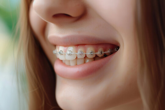 Healthy teeth with brackets and metal wires, closeup