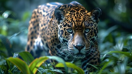 A Felidae with whiskers, the Jaguar, gazes into the camera in the jungle