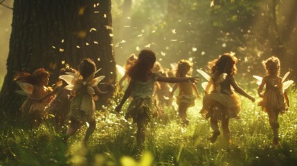A group of fairy children backs turned to the camera play in the glade. They chase each other around a tree laughter echoing . . - obrazy, fototapety, plakaty