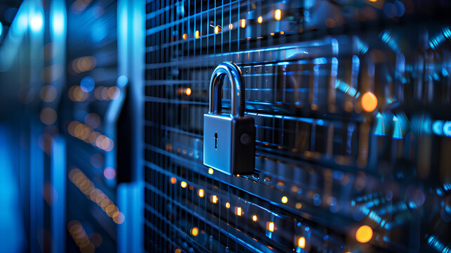 Data Security Concept in Server Room
. Close-up of a secure padlock icon on the digital screen of a server room, symbolizing data security and cyber protection.
