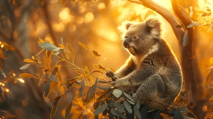 Keuken spatwand met foto Terrestrial animal with whiskers, a koala bear sits in a tree as the sun sets © yuchen