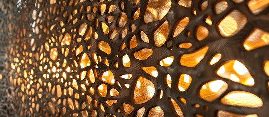 Interior backlit decorative metal lattice on beige backdrop.