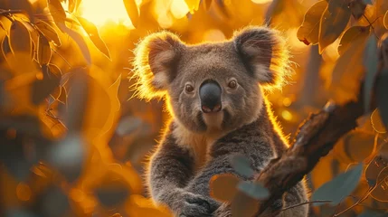 Foto op Plexiglas a koala bear is sitting on a tree branch looking at the camera © yuchen
