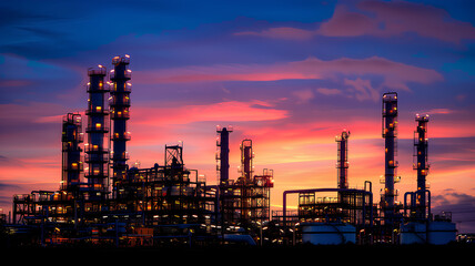Fototapeta na wymiar A large industrial plant is lit up at sunset. The sky is filled with clouds and the water is calm