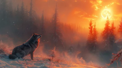 Selbstklebende Fototapeten Carnivore wolf gazes at sun in snowy landscape under afterglow sky © yuchen