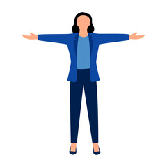 Woman standing with open arms in flat design on white background.