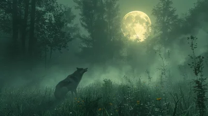 Foto op Canvas A carnivore wolf stands in a grassy field under a full moon © yuchen