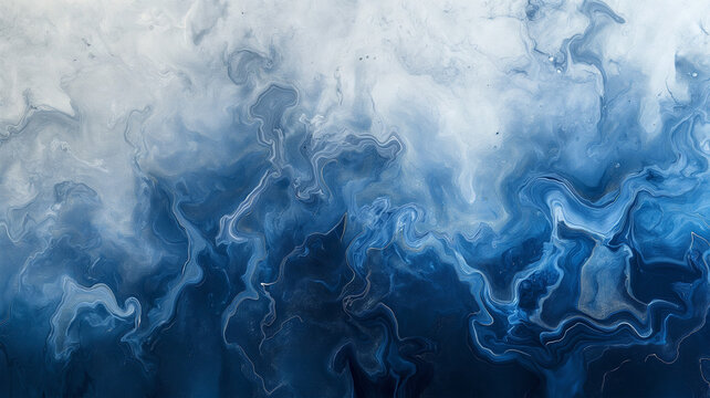 The image is a blue and white abstract painting of a wave