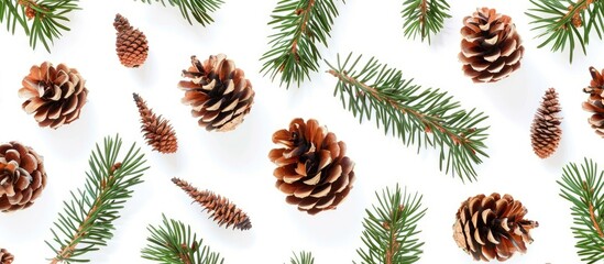 Pine cone and branch pattern on white background for festive design.