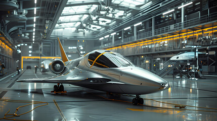 Futuristic Jet in High-Tech Aircraft Hangar