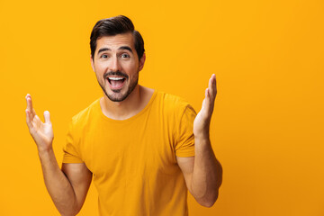 Man laughing smiling studio style lifestyle space fashion portrait gesture copy background trendy