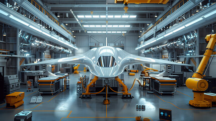 Futuristic Aircraft in High-Tech Engineering Hangar