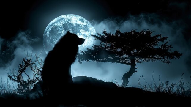A black cat under a full moon, creating a spooky atmosphere