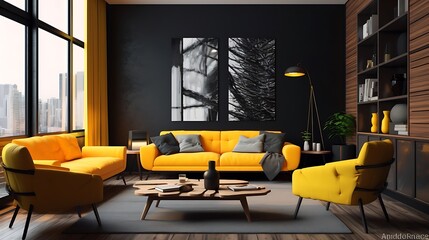 Use AI to design a cozy and stylish space with yellow sofas as the focal point, set against a backdrop of black walls in a modern bedroom