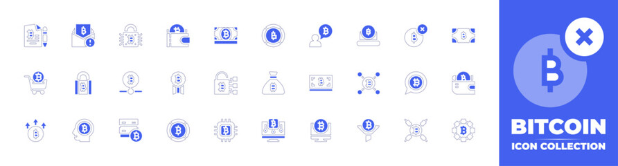 Bitcoin icon collection. Duotone style line stroke and bold. Vector illustration. Containing wallet, bitcoin, bitcoins, cart, server, funnel, cpu, blockchain, locker, money.