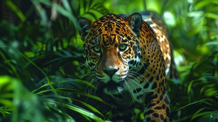 Felidae carnivore, a leopard with whiskers walking in grass jungle