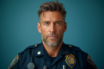 A handsome Police Officer looking at the camera isolated on a blue background - obrazy, fototapety, plakaty