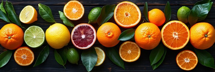 Fresh citrus fruits Lemon orange tangerine lime On a black background Wooden Top view 