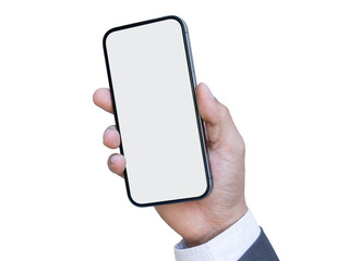 Male hand holding smartphone with blank screen isolated on transparent background. PNG File - obrazy, fototapety, plakaty