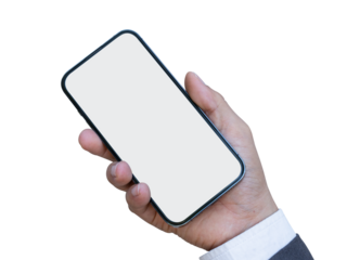 Male hand holding smartphone with blank screen isolated on transparent background. PNG File