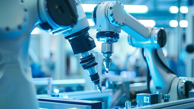 Industrial Robotic Arms Assembling Products
. Advanced robotic arms engaged in precision assembly of products on a modern, high-tech industrial manufacturing line.
