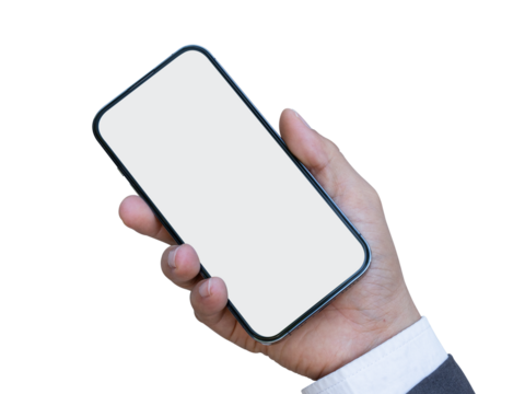 Male hand holding smartphone with blank screen isolated on transparent background. PNG File