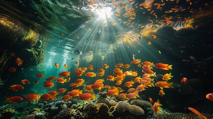 School of fish swims near coral reef in natural ocean landscape