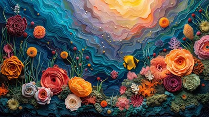 An Art piece of Flowering plants on a coral reef with a sun backdrop