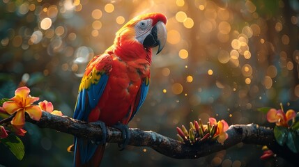 Colorful macaw perched on tree branch with vibrant feathers