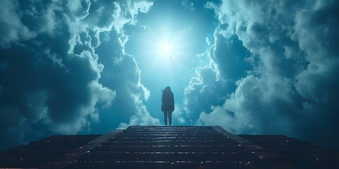 A person finds hope for lost loved ones while standing at the top of a staircase and looking into a bright sky. Concept Hope, Lost Loved Ones, Staircase, Bright Sky, Emotional Discovery - obrazy, fototapety, plakaty