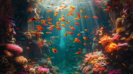 Underwater landscape with fish swimming in a coral reef in the ocean