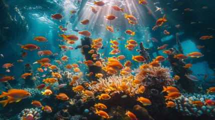 Fototapeten School of fish gliding fluidly near coral reef in underwater natural environment © yuchen