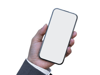 Male hand holding smartphone with blank screen isolated on transparent background. PNG File