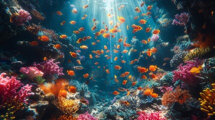 Vibrant underwater ecosystem with abundant fish and coral in ocean waters - obrazy, fototapety, plakaty