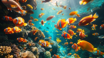 School of fish swimming in the underwater natural environment near a coral reef