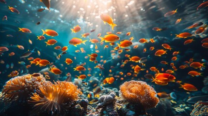 Colorful fish swim near coral reef in ocean among marine invertebrates