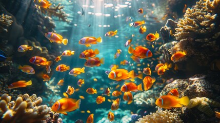Fototapeta na wymiar A school of fish swims near an underwater coral reef in the fluid sea landscape