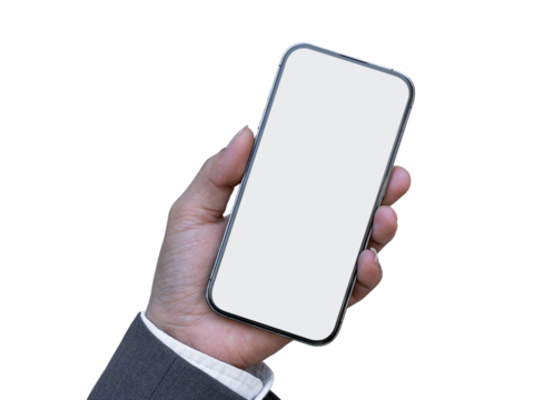 Male hand holding smartphone with blank screen isolated on transparent background. PNG File