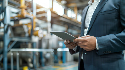 A man in a suit holding a tablet in a warehouse. Concept of professionalism and productivity, as the man is likely using the tablet for work purposes