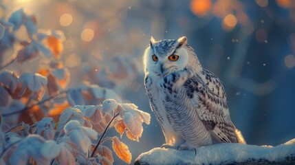 A snowy owl perches on a snowy branch, showcasing its electric blue feathers