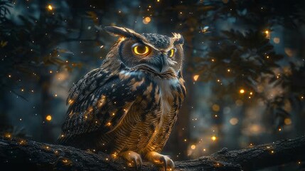 Bird of prey owl perched on tree branch at night among fireflies in the darkness