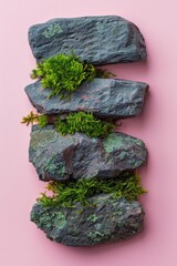 Composition of stone and moss on pastel background 