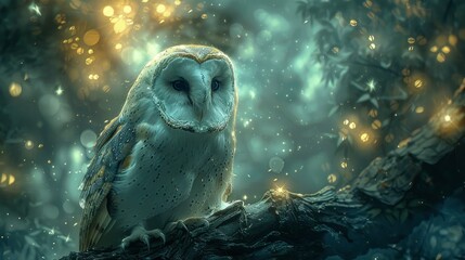 An owl perches on a tree branch in a shadowy forest