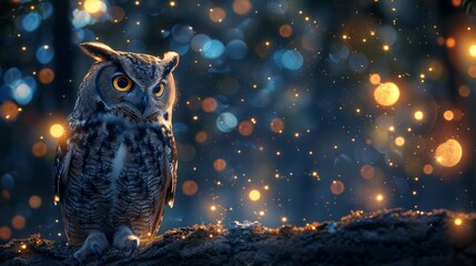 At midnight, a owl is perched on a tree branch in the darkness